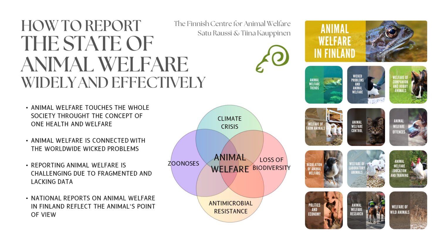 Kuvassa Eläinten hyvinvointikeskuksen Eläinten hyvinvointi Suomessa III -raportin sisältöä